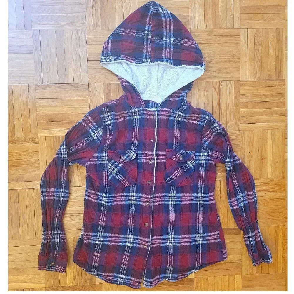 Passport Plaid Big Girl Sherpa Hooded Button Shirt